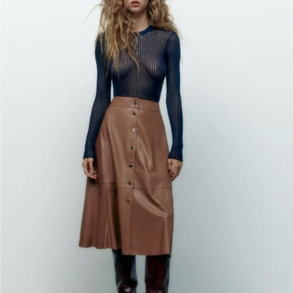 Zara Tan Button-Front Midi Skirt